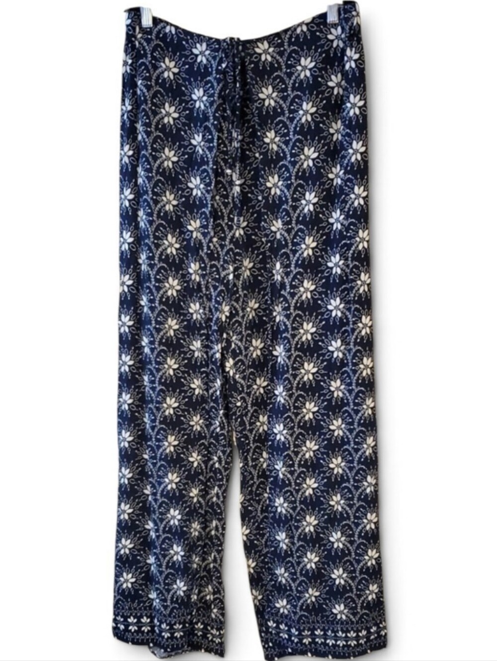 CECE Floral Front Tie Wide-Leg Pants in Navy And White Size L